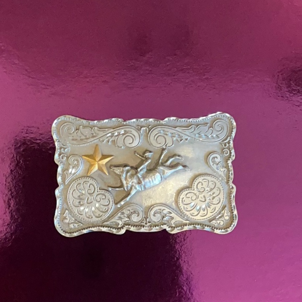 Silver Rectangular Belt Buckle with Gold Star and Horse Design